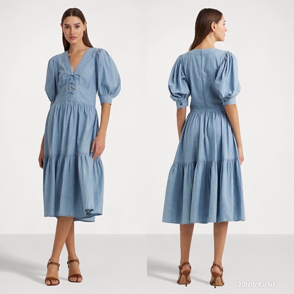 Revolve Lauren Ralph Lauren Chambray Denim Jean Puff-Sleeve Dress Size 8